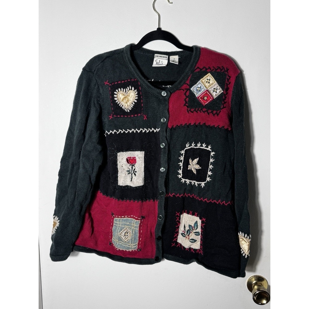 C.J. Banks Vintage Cardigan 1X Sweater Hand Embroidered Patchwork Ramie Cotton